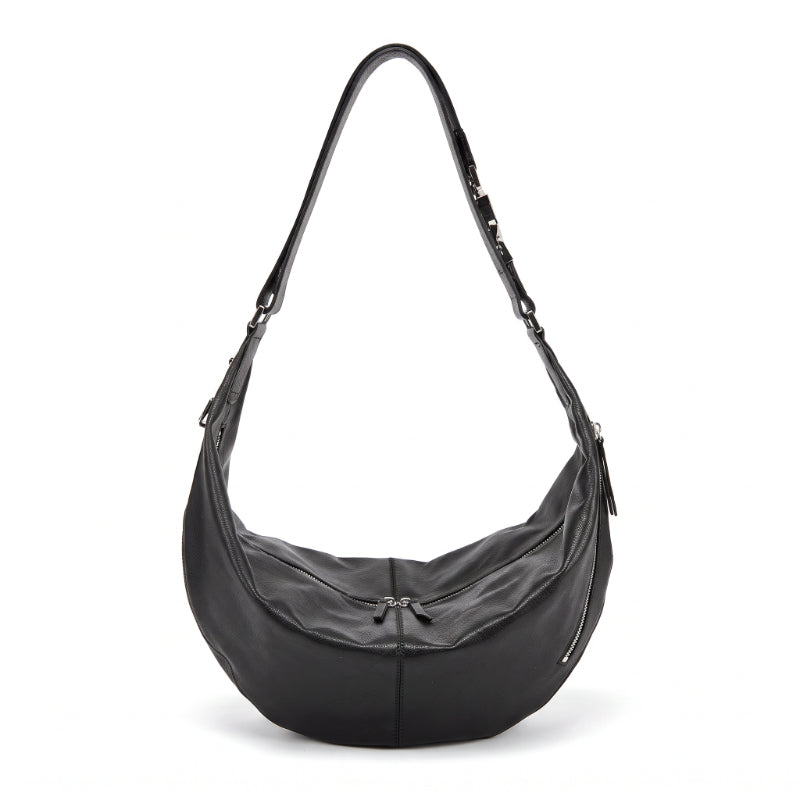 Vegetable Tanned Leather Crescent Hobo Bag with Side Zip Pocket
