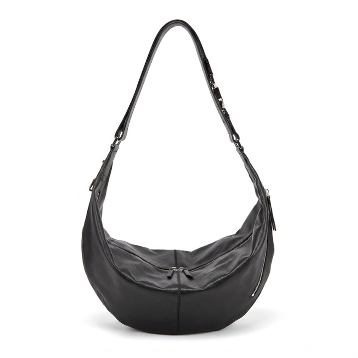 Vegetable Tanned Leather Crescent Hobo Bag with Side Zip Pocket