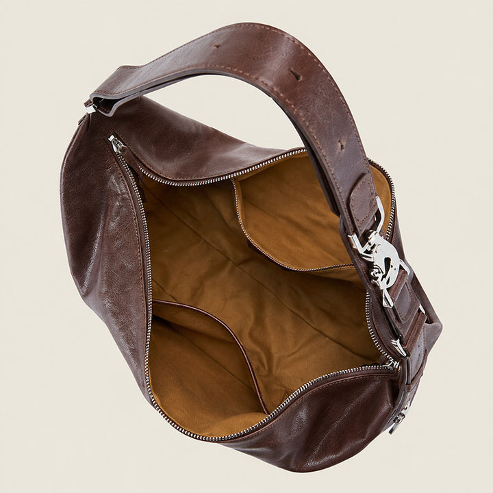 Vegetable Tanned Leather Crescent Hobo Bag with Side Zip Pocket
