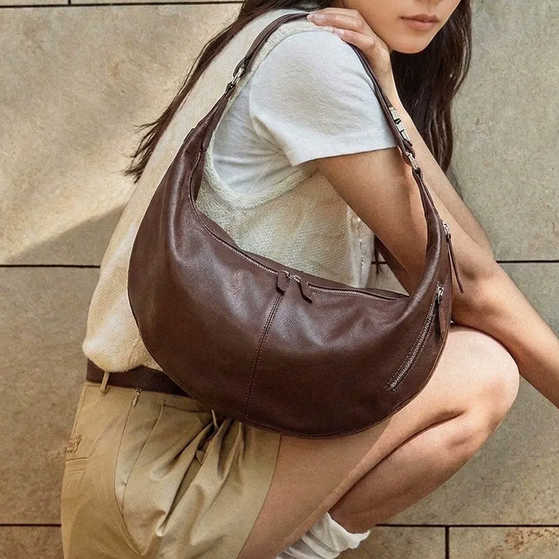 Vegetable Tanned Leather Crescent Hobo Bag with Side Zip Pocket