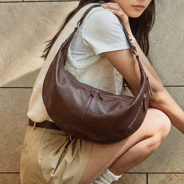 Vegetable Tanned Leather Crescent Hobo Bag with Side Zip Pocket
