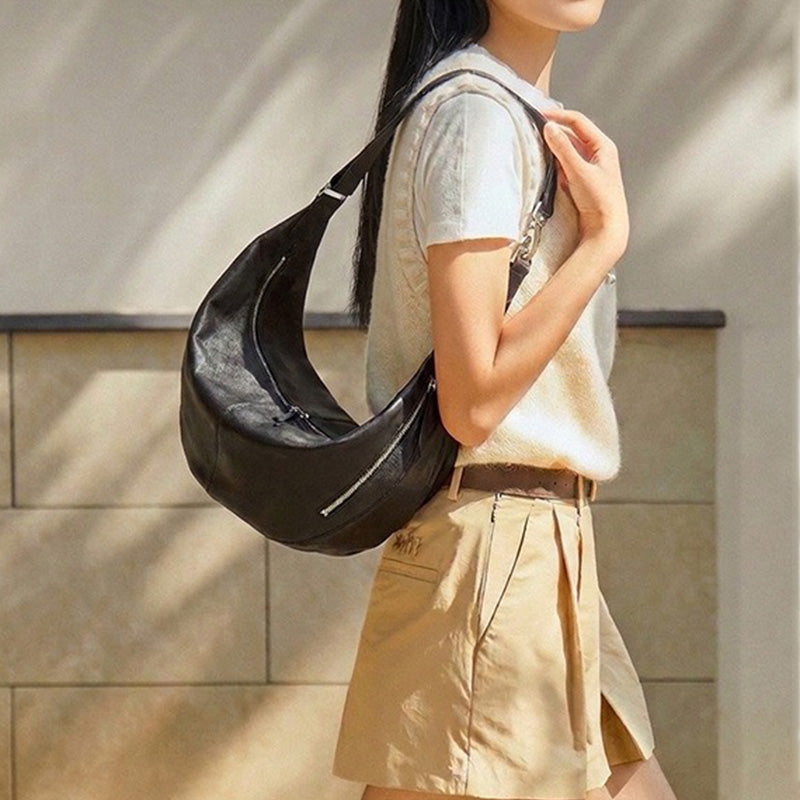 Vegetable Tanned Leather Crescent Hobo Bag with Side Zip Pocket