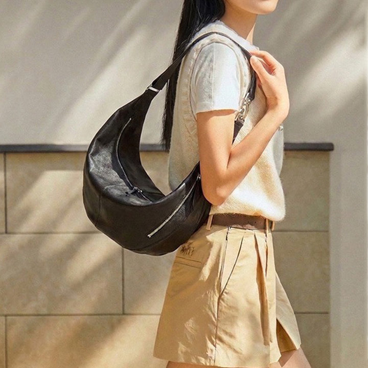 Vegetable Tanned Leather Crescent Hobo Bag with Side Zip Pocket