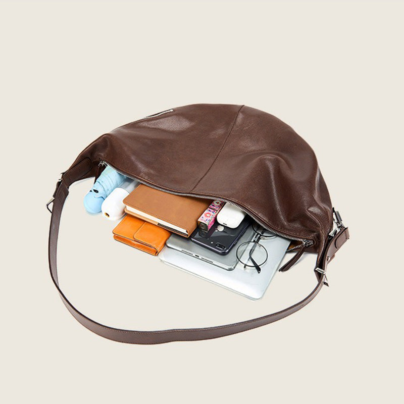 Vegetable Tanned Leather Crescent Hobo Bag with Side Zip Pocket