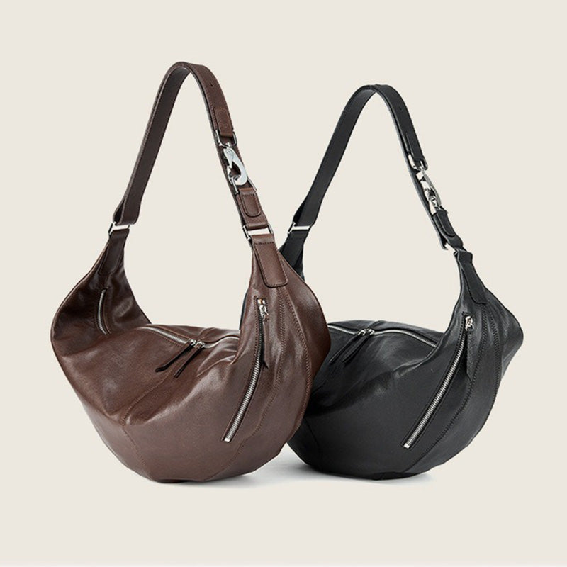 Vegetable Tanned Leather Crescent Hobo Bag with Side Zip Pocket