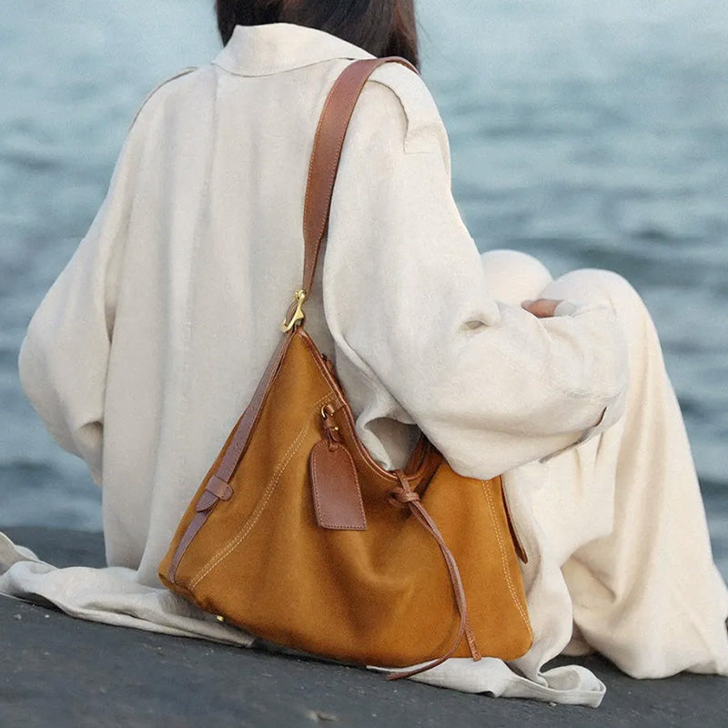 Vegetable Tanned Leather and Suede Hobo Tote Bag