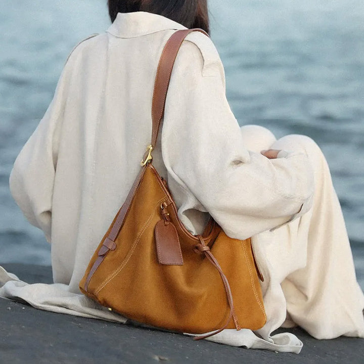 Vegetable Tanned Leather and Suede Hobo Tote Bag