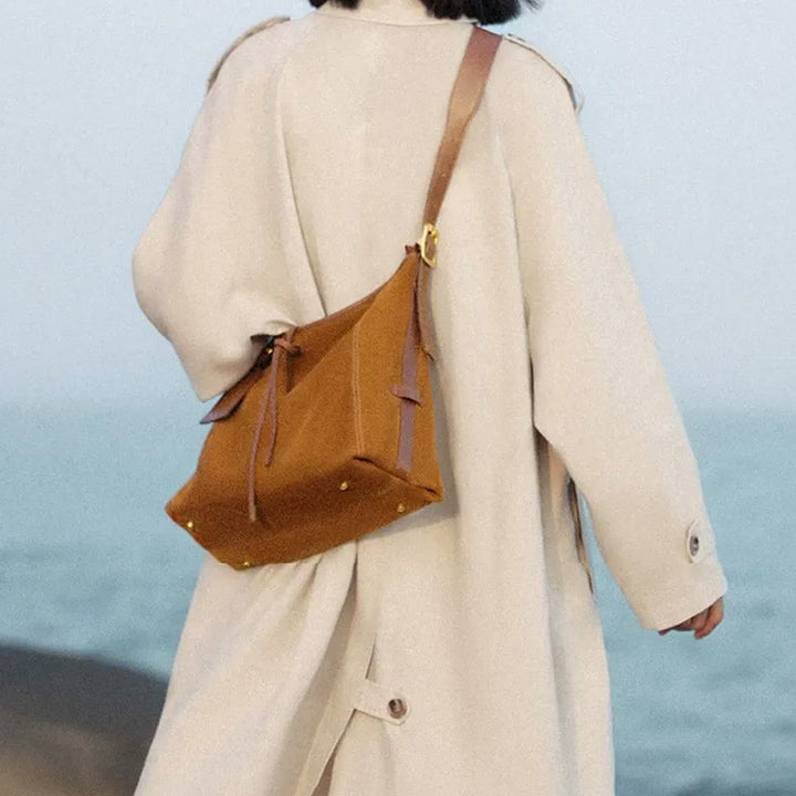 Vegetable Tanned Leather and Suede Hobo Tote Bag