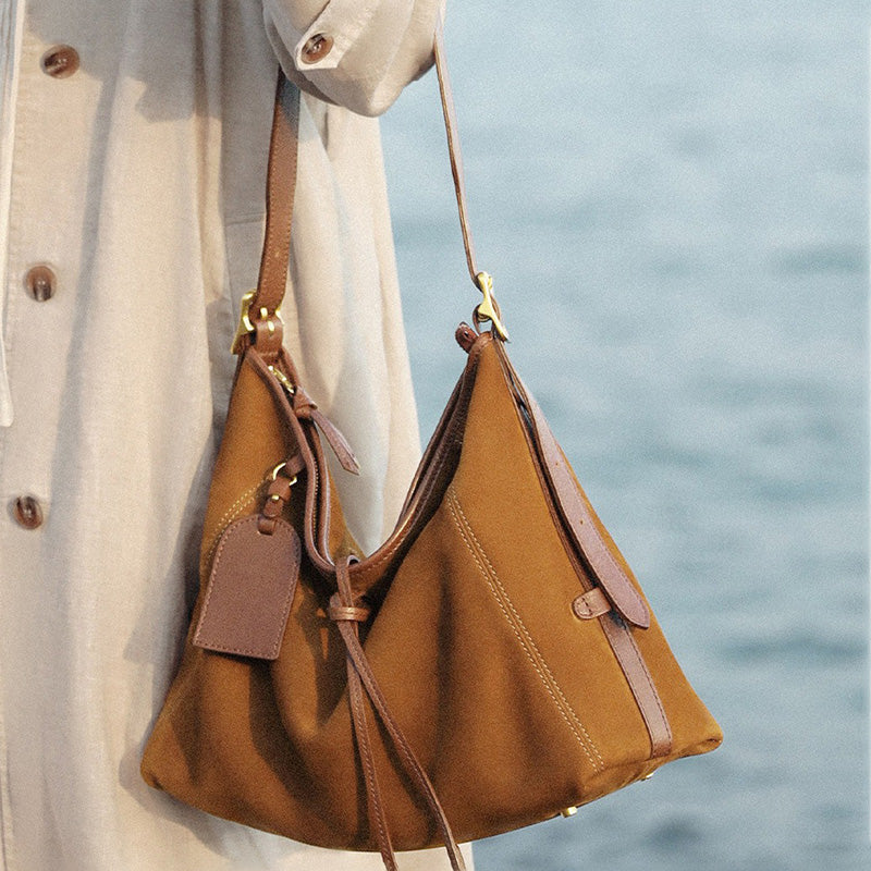 Vegetable Tanned Leather and Suede Hobo Tote Bag