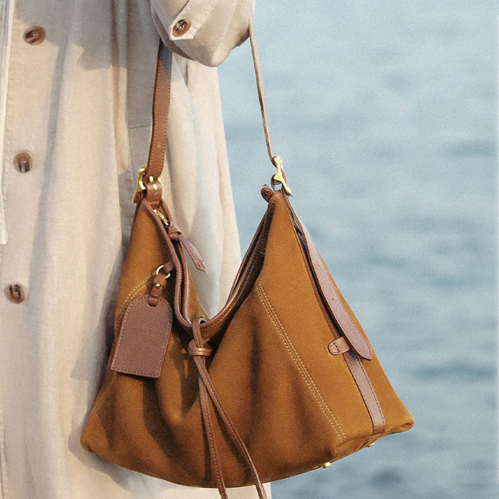 Vegetable Tanned Leather and Suede Hobo Tote Bag