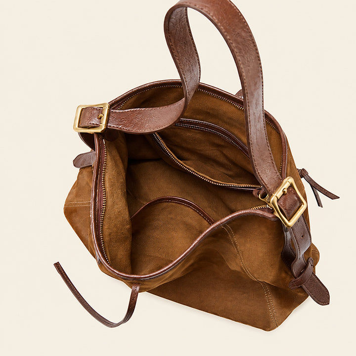 Vegetable Tanned Leather and Suede Hobo Tote Bag