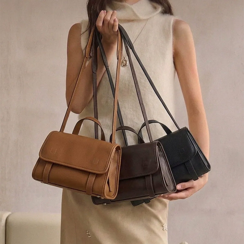 Vintage Leather Crossbody Satchel with Classic Flap Design