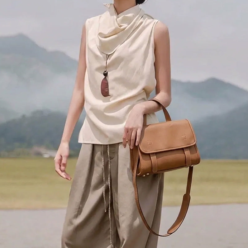 Vintage Leather Crossbody Satchel with Classic Flap Design