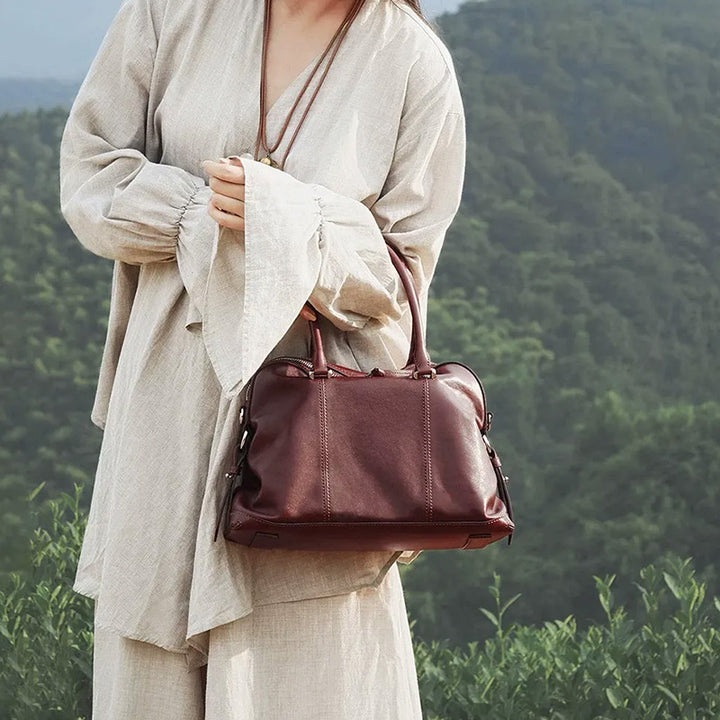 Vintage Leather Boston Bag with Detachable Shoulder Strap