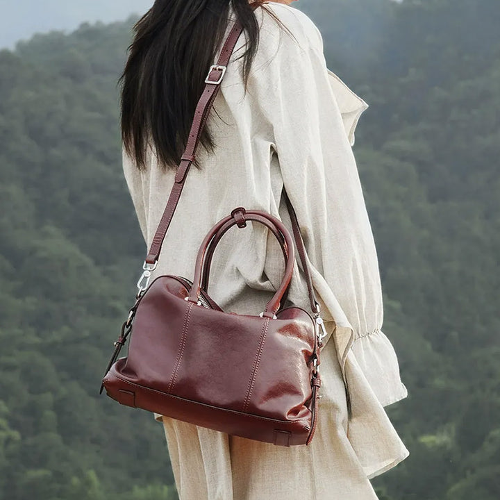 Vintage Leather Boston Bag with Detachable Shoulder Strap