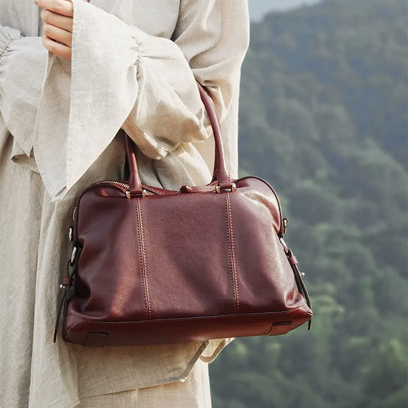 Vintage Leather Boston Bag with Detachable Shoulder Strap
