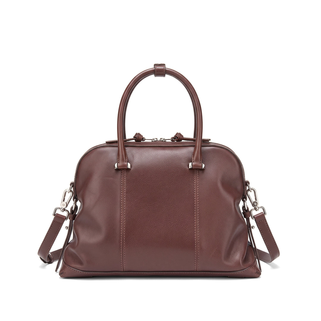 Vintage Leather Boston Bag with Detachable Shoulder Strap