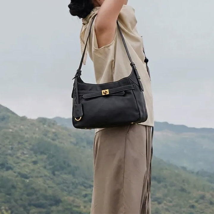 Hobo Shoulder Bag in Vegetable-Tanned Leather with Vintage Brass Turn-Lock