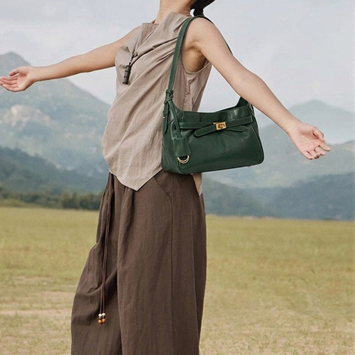 Hobo Shoulder Bag in Vegetable-Tanned Leather with Vintage Brass Turn-Lock