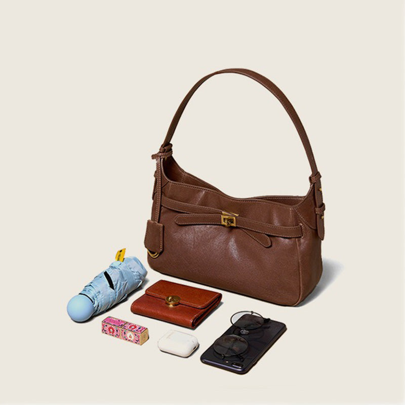 Hobo Shoulder Bag in Vegetable-Tanned Leather with Vintage Brass Turn-Lock