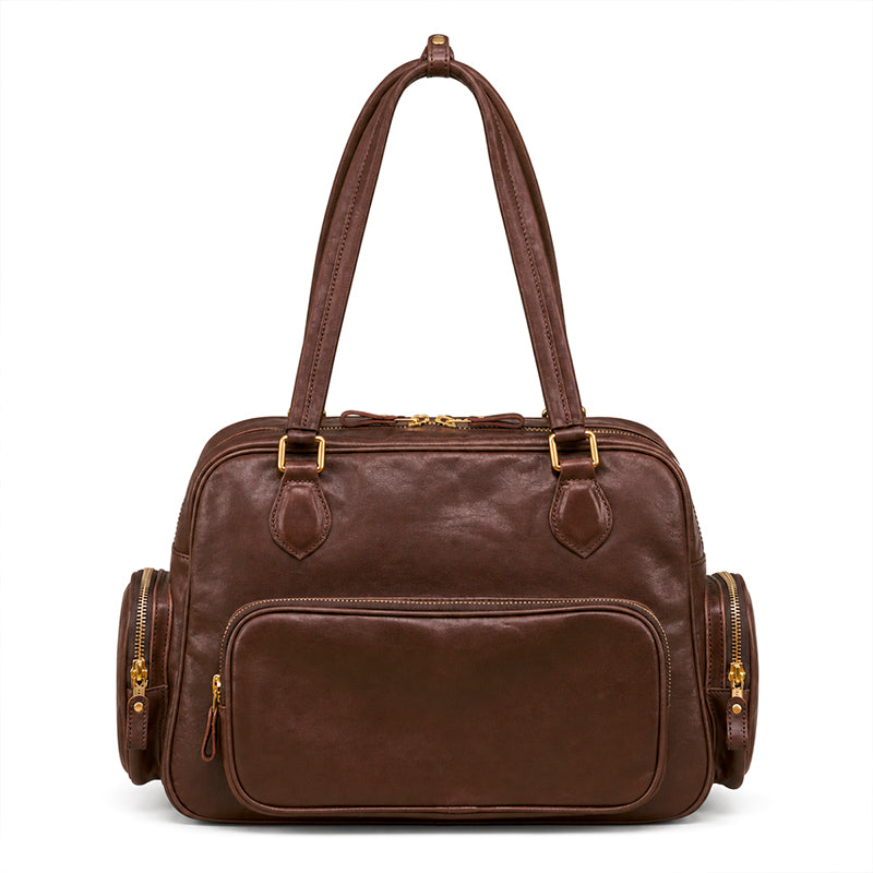 Dwarves Boston Bag with Multiple Pockets in Vegetable-Tanned Leather