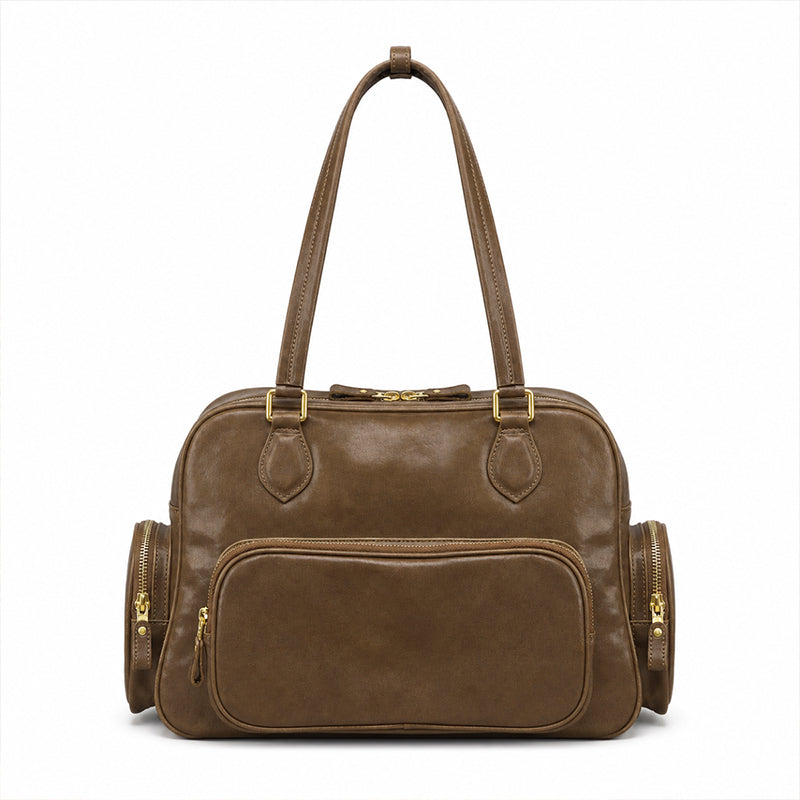 Dwarves Boston Bag with Multiple Pockets in Vegetable-Tanned Leather