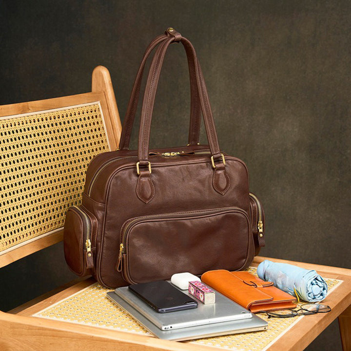 Dwarves Boston Bag with Multiple Pockets in Vegetable-Tanned Leather