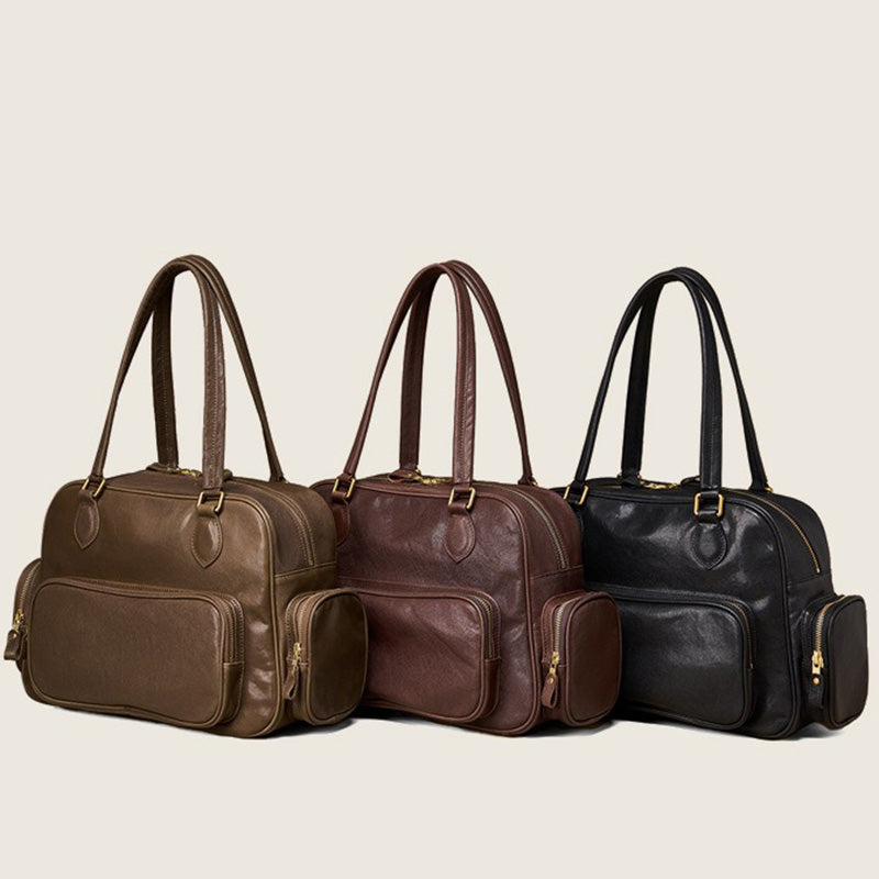 Dwarves Boston Bag with Multiple Pockets in Vegetable-Tanned Leather