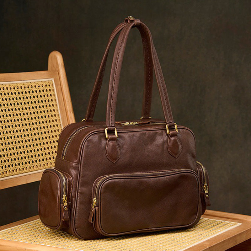 Dwarves Boston Bag with Multiple Pockets in Vegetable-Tanned Leather