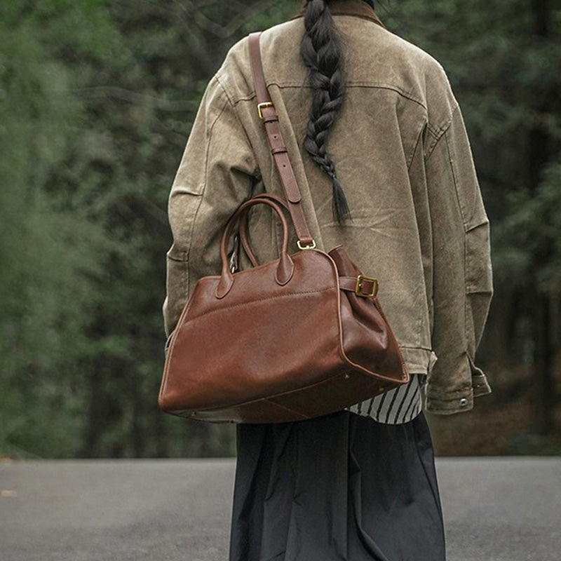 Large Leather Boston Bag Vegetable Tanned Vintage Weekender Travel Tote for Work