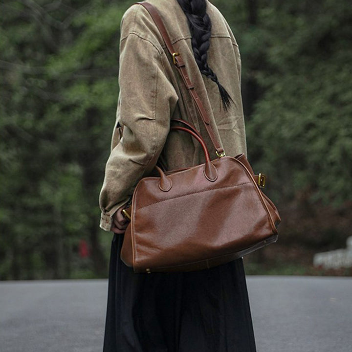 Large Leather Boston Bag Vegetable Tanned Vintage Weekender Travel Tote for Work