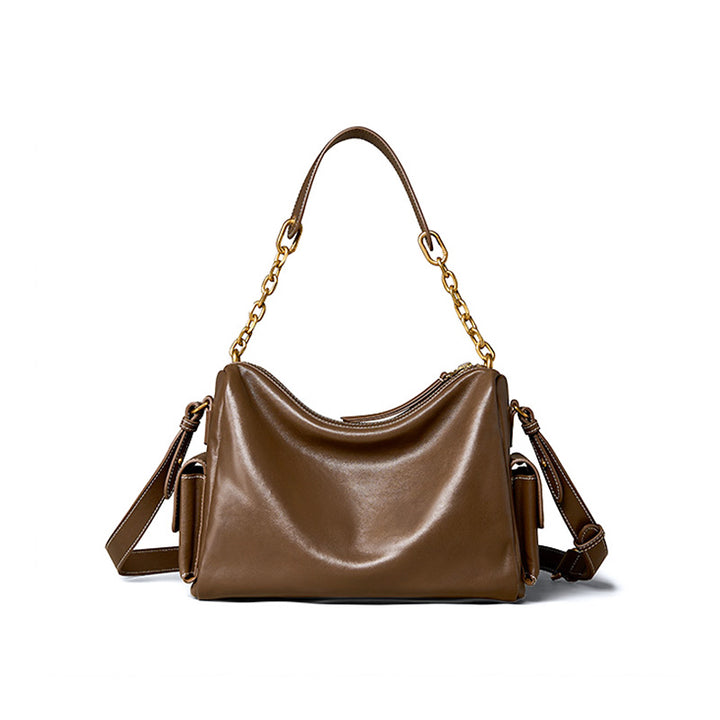 Large Leather Hobo Bag for Women Vegetable Tanned Cowhide Tote with Chain Strap