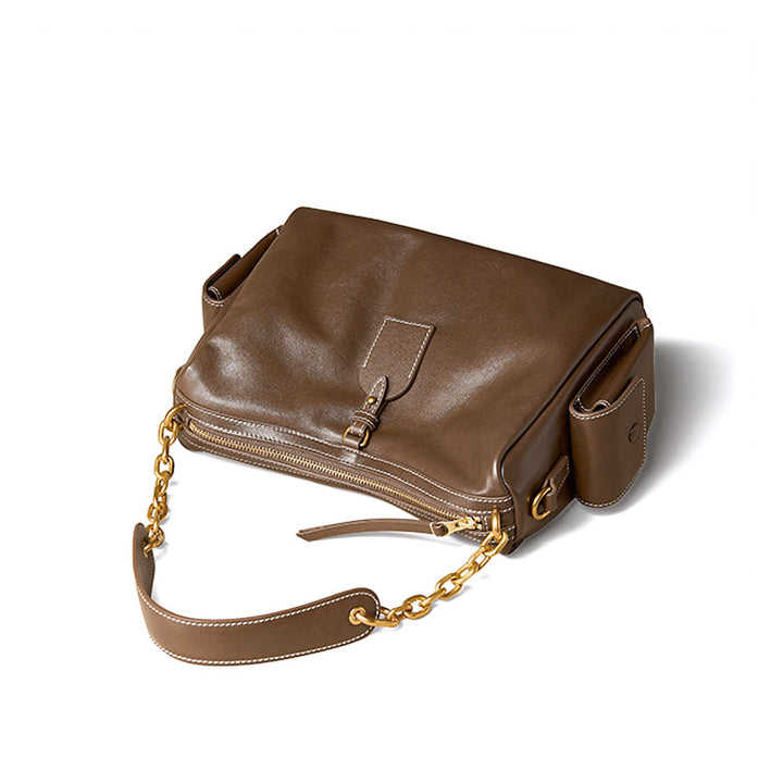 Large Leather Hobo Bag for Women Vegetable Tanned Cowhide Tote with Chain Strap