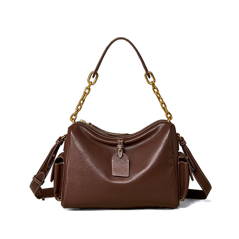 Large Leather Hobo Bag for Women Vegetable Tanned Cowhide Tote with Chain Strap