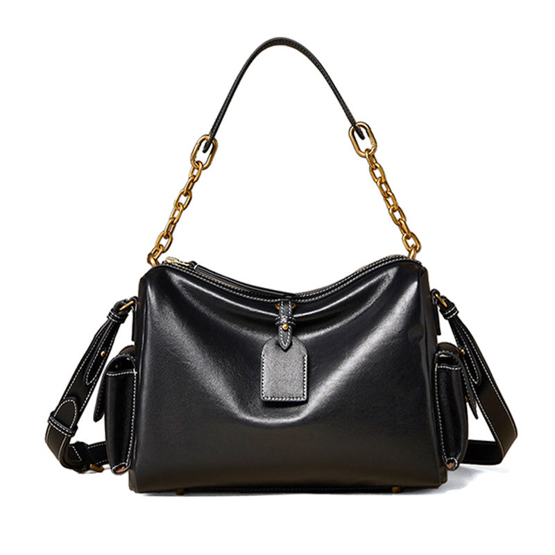 Large Leather Hobo Bag for Women Vegetable Tanned Cowhide Tote with Chain Strap