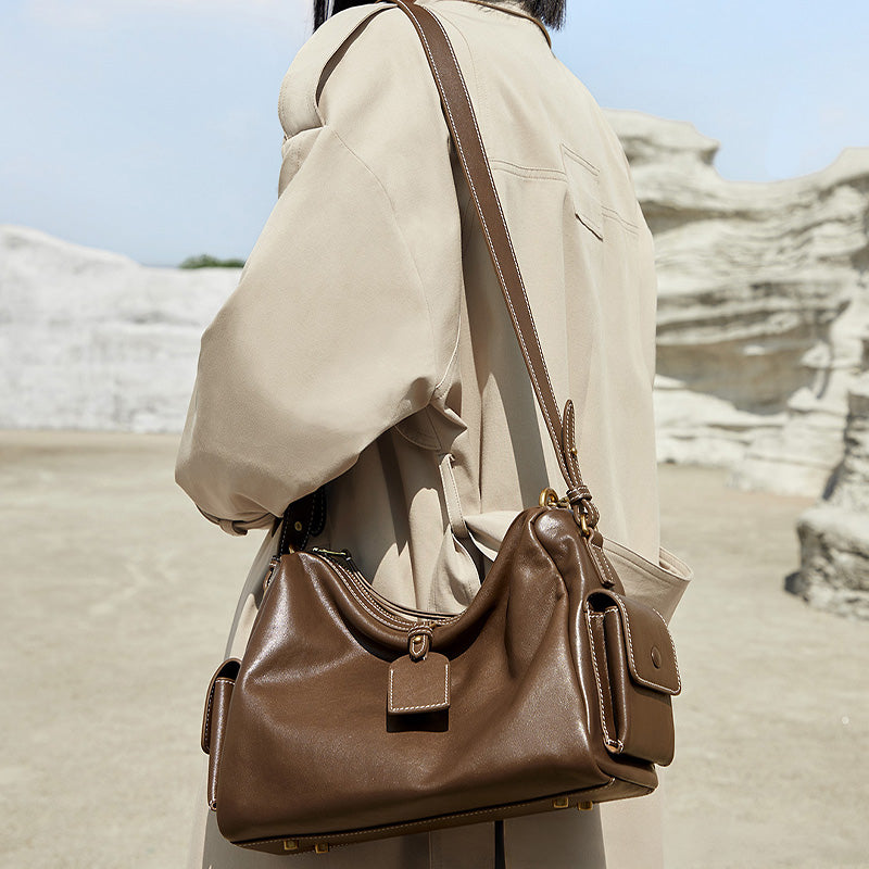 Large Leather Hobo Bag for Women Vegetable Tanned Cowhide Tote with Chain Strap