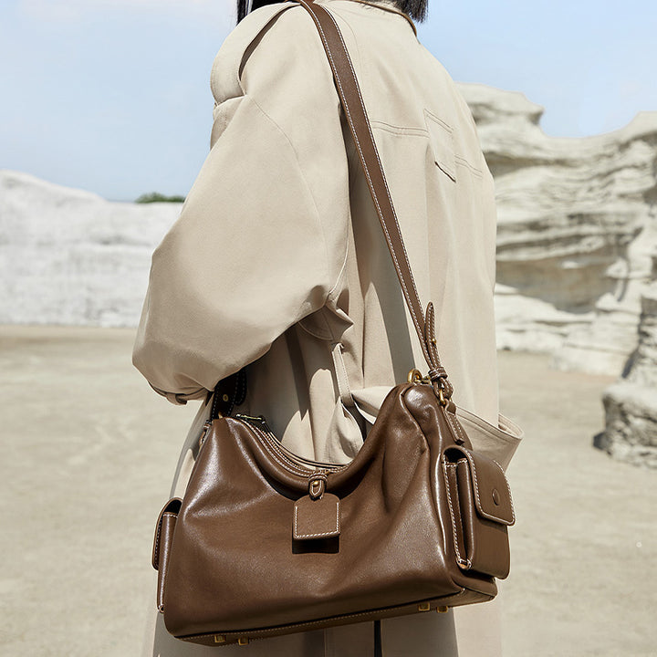 Large Leather Hobo Bag for Women Vegetable Tanned Cowhide Tote with Chain Strap