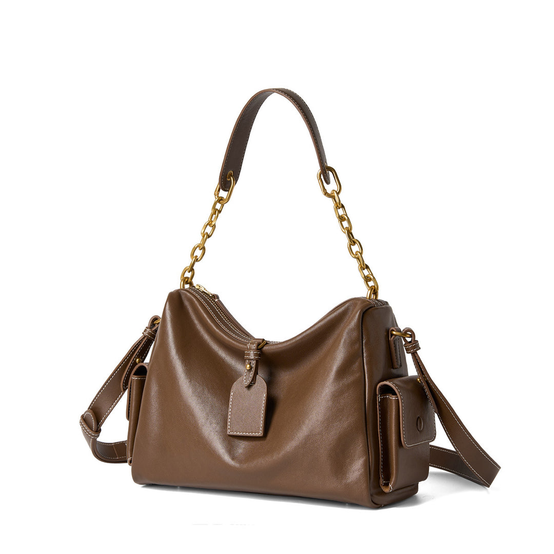 Large Leather Hobo Bag for Women Vegetable Tanned Cowhide Tote with Chain Strap