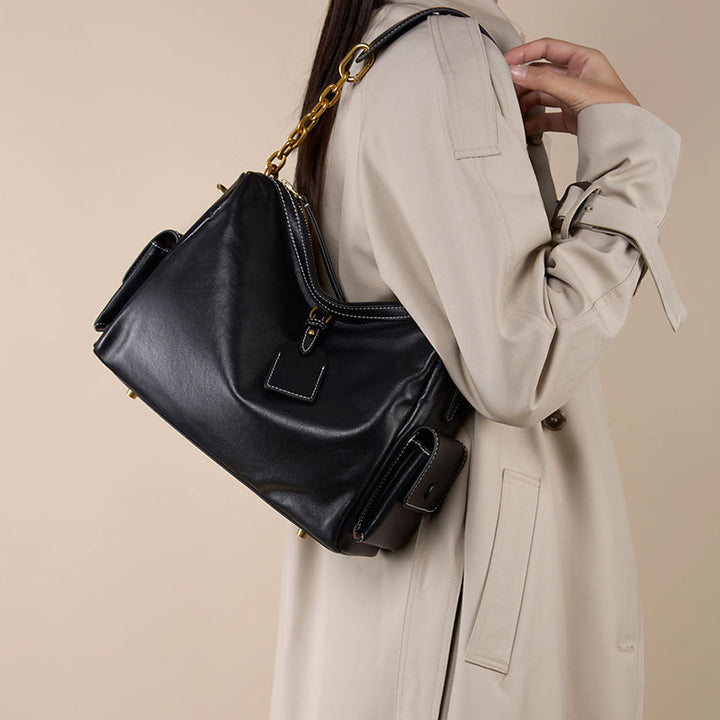 Large Leather Hobo Bag for Women Vegetable Tanned Cowhide Tote with Chain Strap