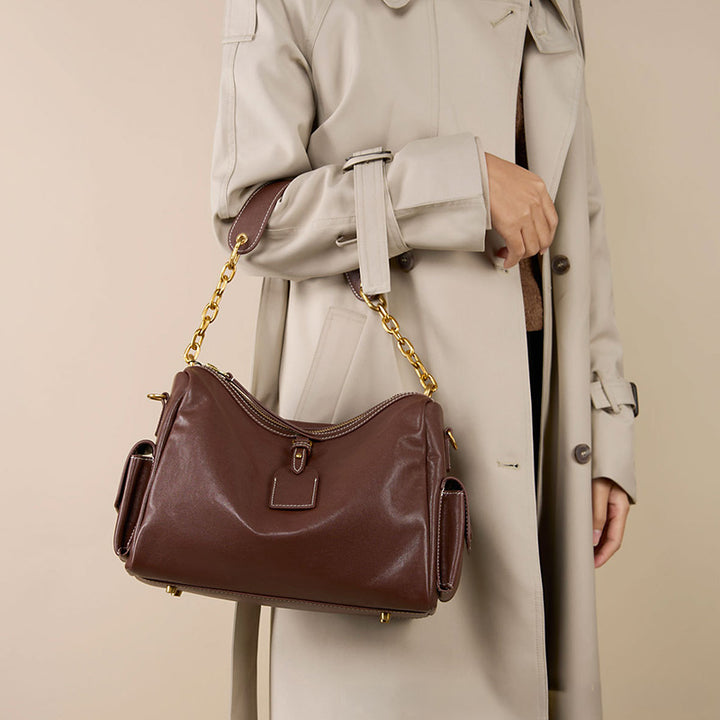 Large Leather Hobo Bag for Women Vegetable Tanned Cowhide Tote with Chain Strap