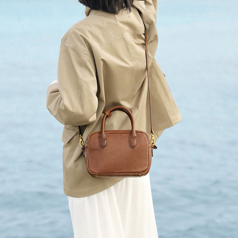 Small Vegetable Tanned Leather Boston Bag Top Handle Crossbody Shoulder Bag