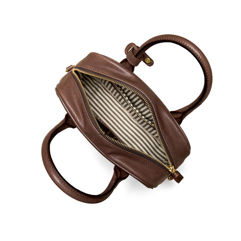 Small Vegetable Tanned Leather Boston Bag Top Handle Crossbody Shoulder Bag