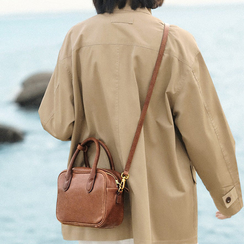 Small Vegetable Tanned Leather Boston Bag Top Handle Crossbody Shoulder Bag