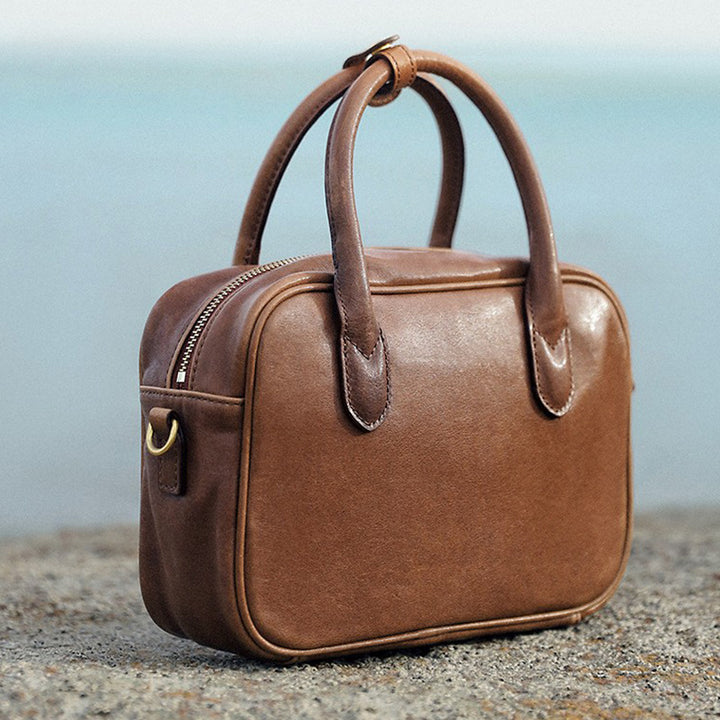 Small Vegetable Tanned Leather Boston Bag Top Handle Crossbody Shoulder Bag