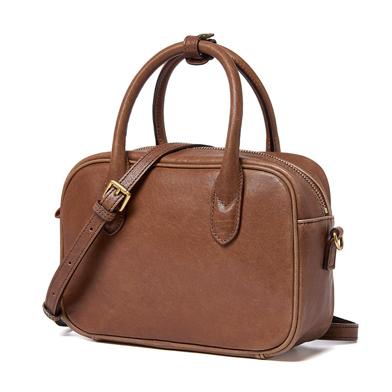 Small Vegetable Tanned Leather Boston Bag Top Handle Crossbody Shoulder Bag