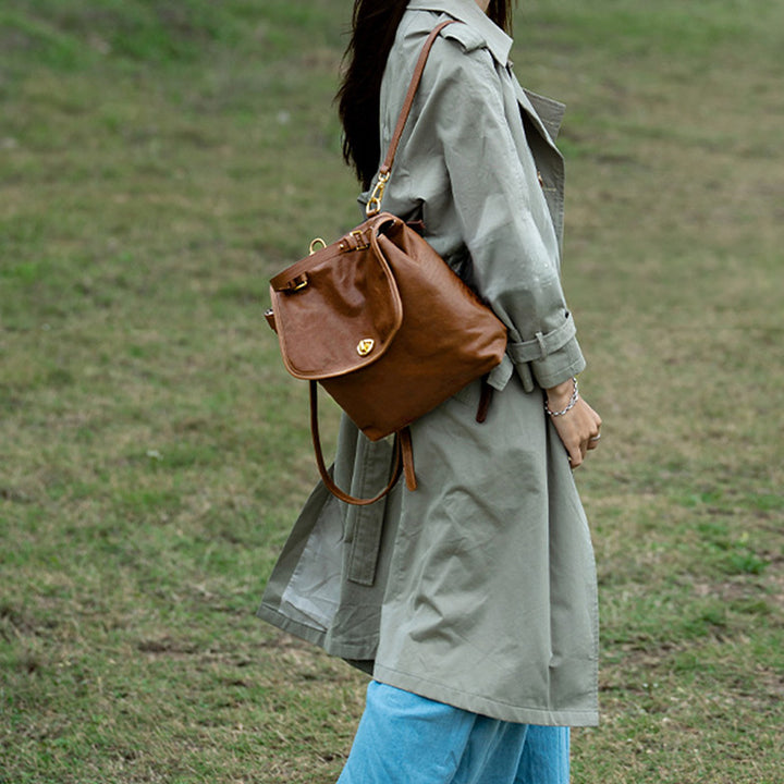 Vegetable Tanned Leather Backpack Vintage Convertible Work Bag for Women