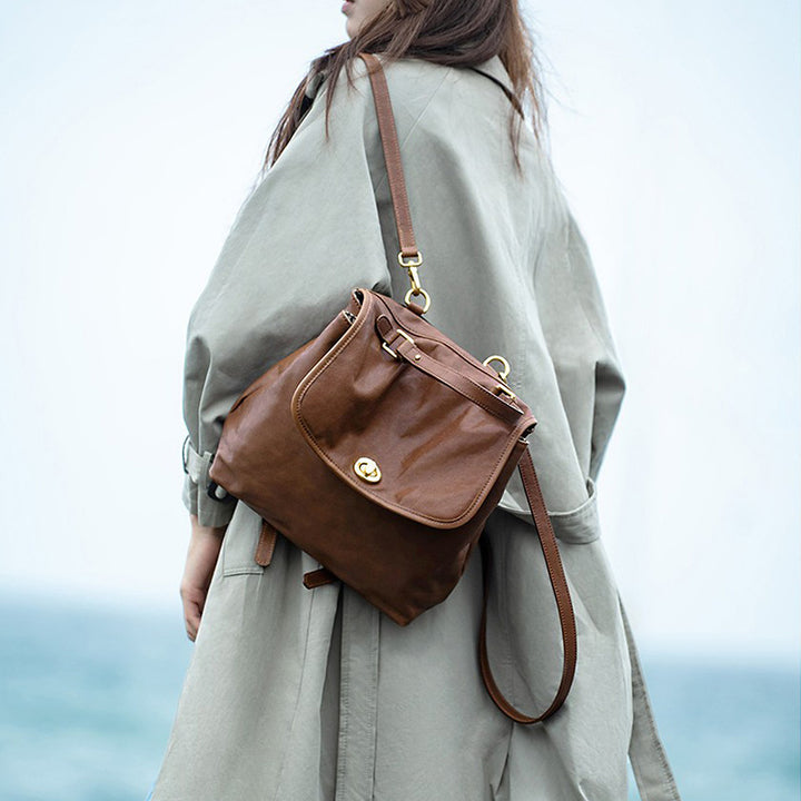 Vegetable Tanned Leather Backpack Vintage Convertible Work Bag for Women