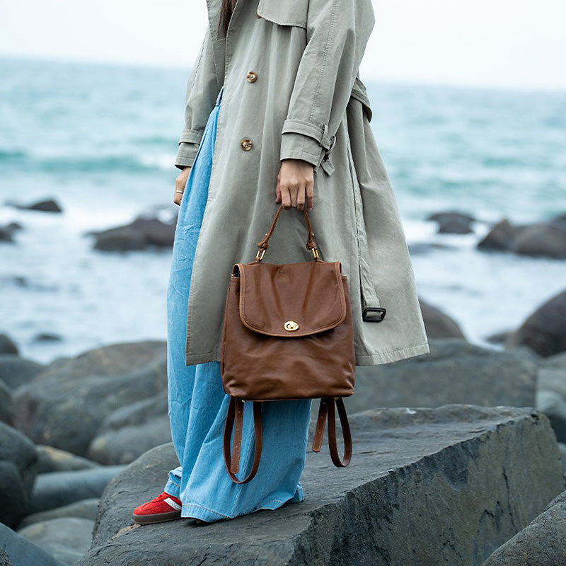 Vegetable Tanned Leather Backpack Vintage Convertible Work Bag for Women