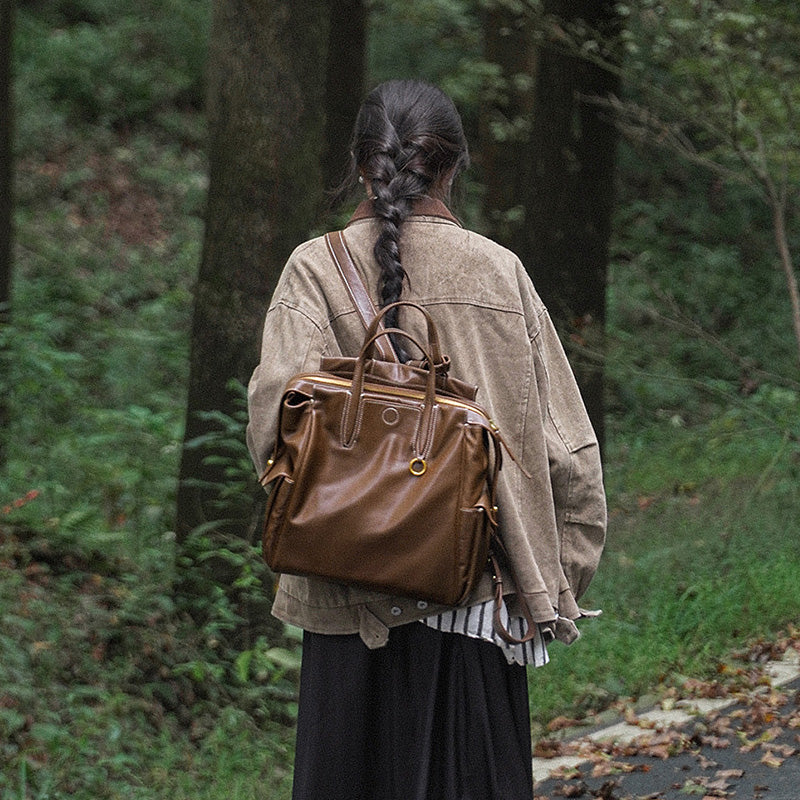 Leather Travel Backpack Tote Cowhide Laptop Bag Large Capacity Work Bag