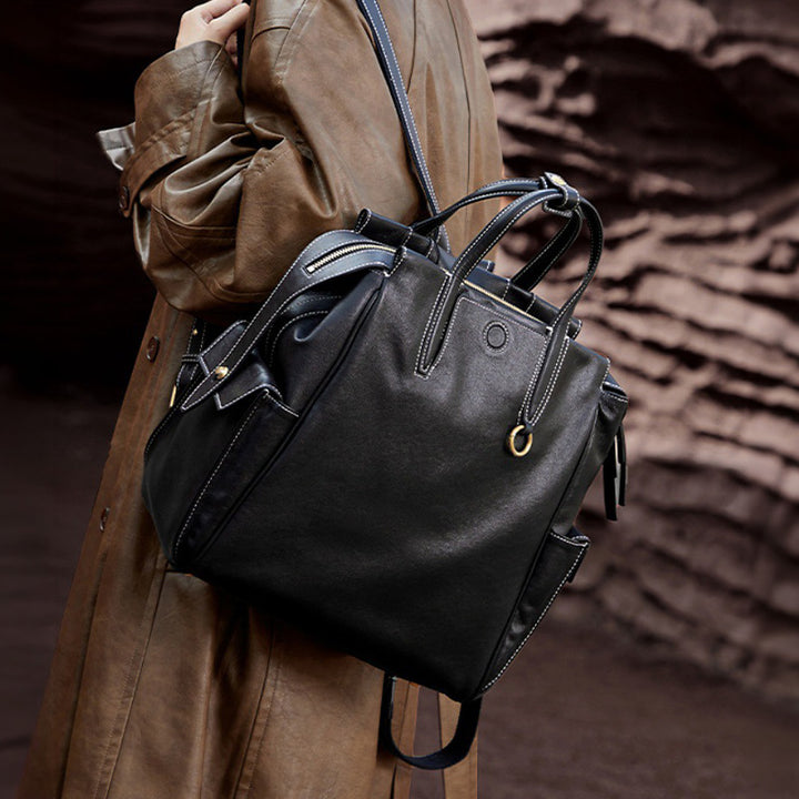 Leather Travel Backpack Tote Cowhide Laptop Bag Large Capacity Work Bag